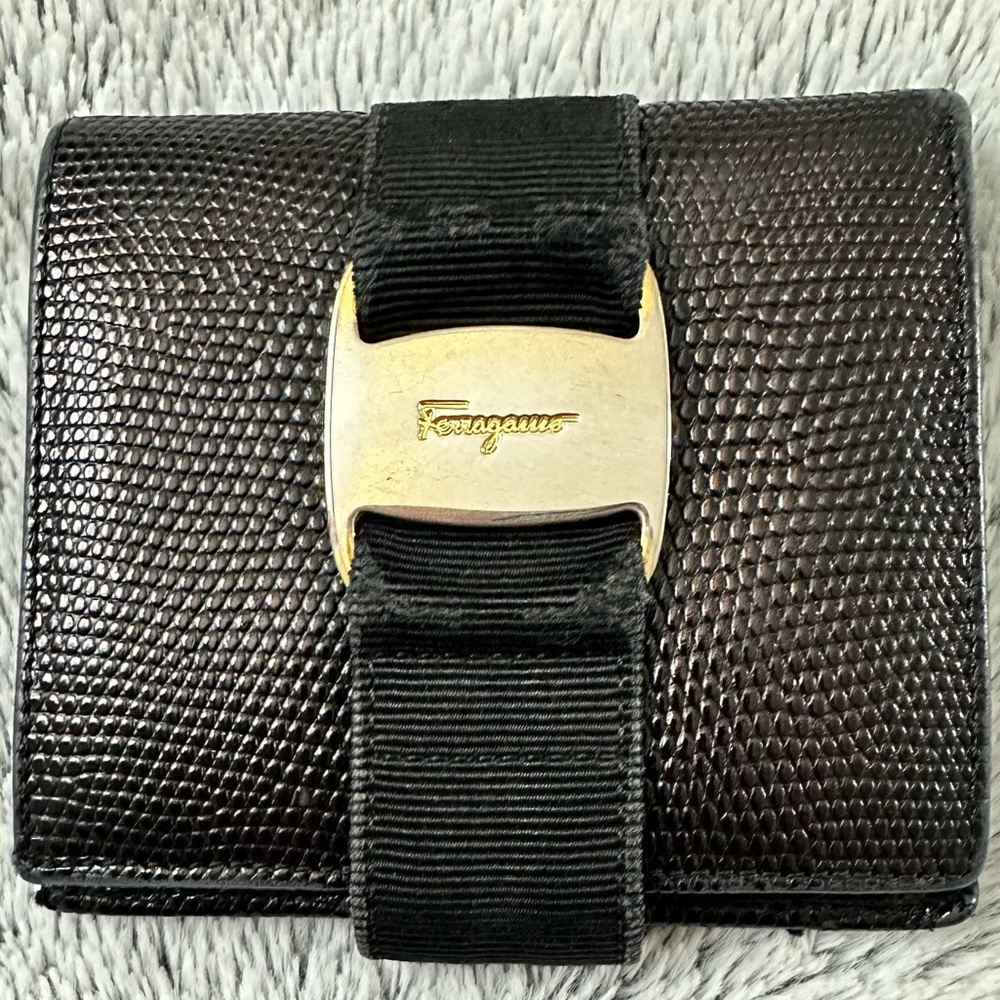Ferragamo Black Textured Wallet with Gold Accent
